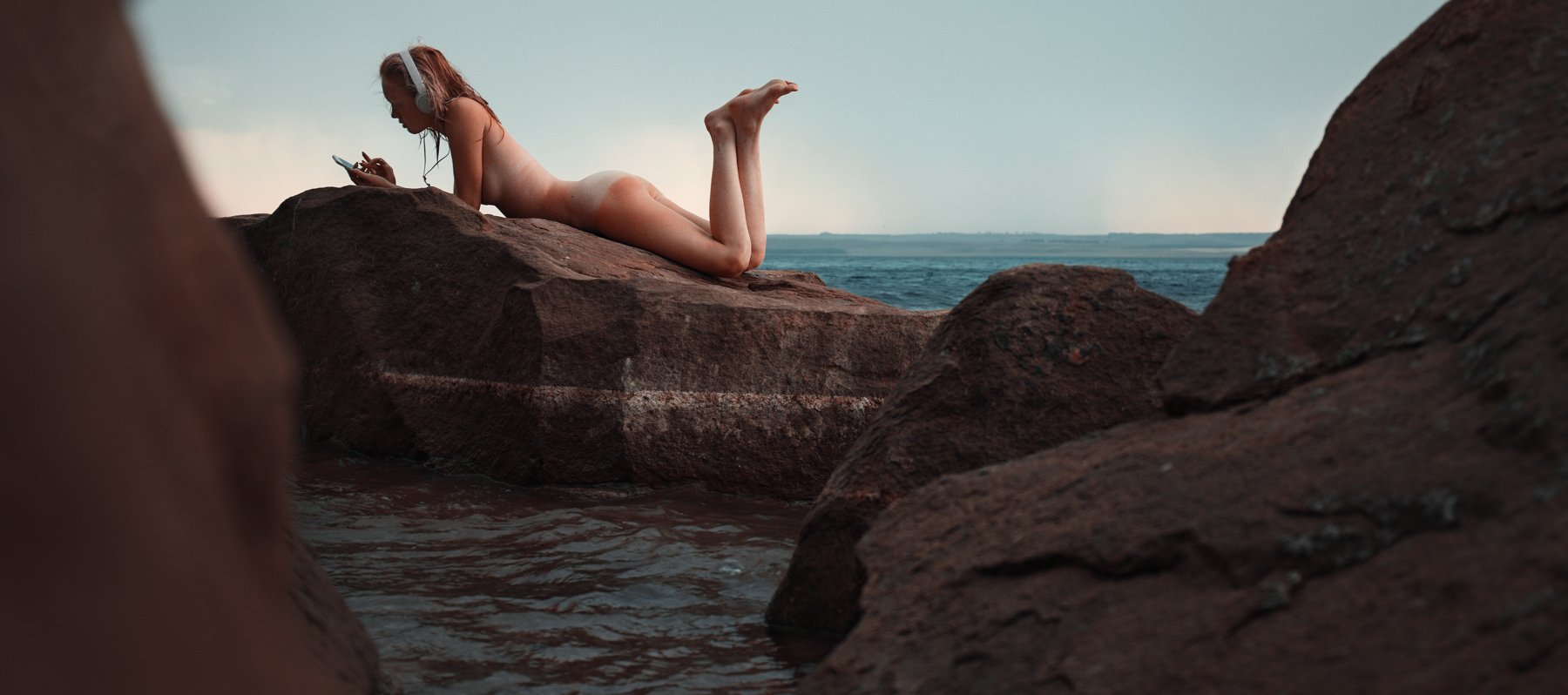 girl, nude, lake, naked, summer, water, rock, rocks, music, silence, phone, aslikul, Роман Филиппов
