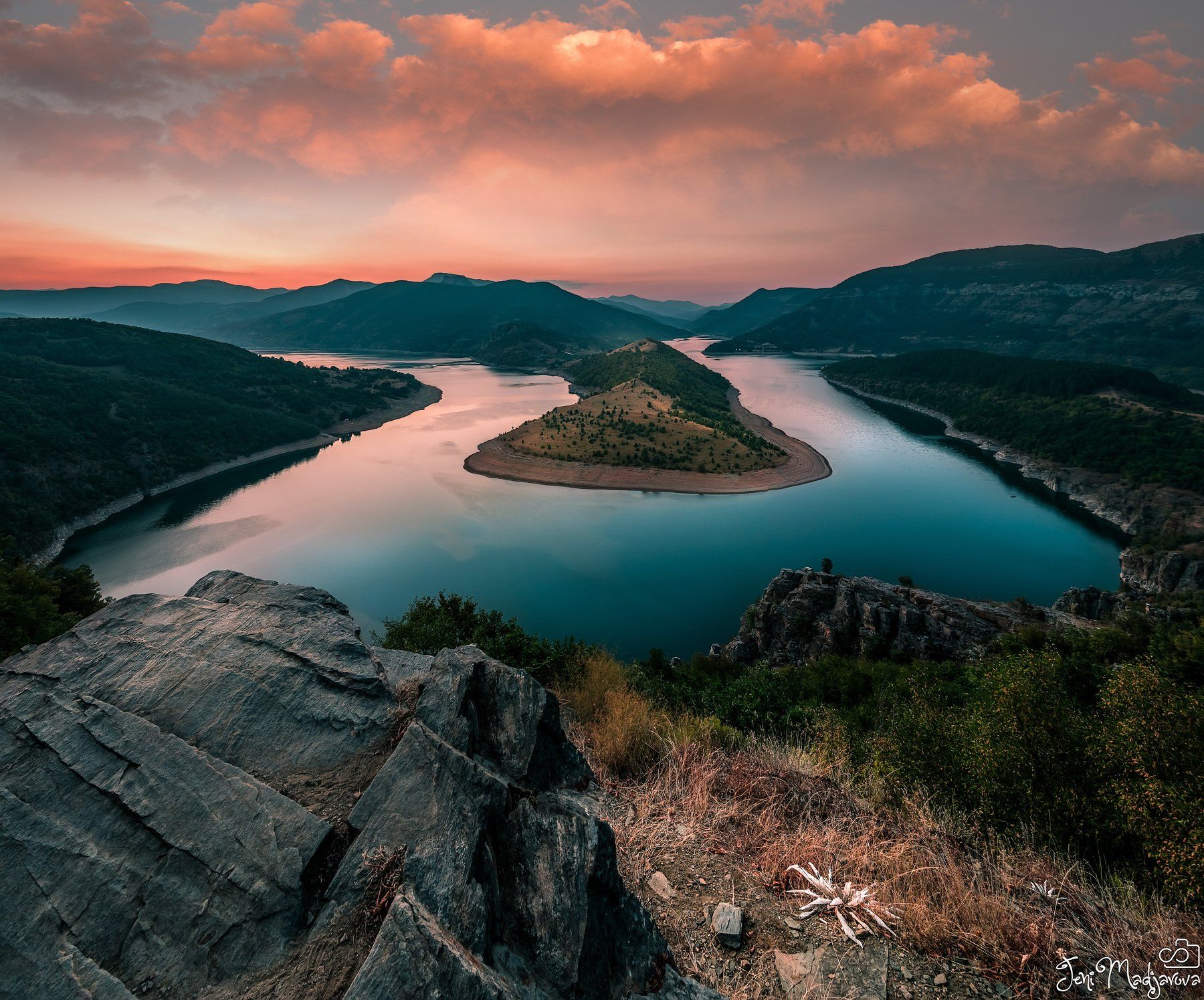 sunset, river, turn, sky, clouds, landscape, rock, tree, forest, mountain, Jeni Madjarova