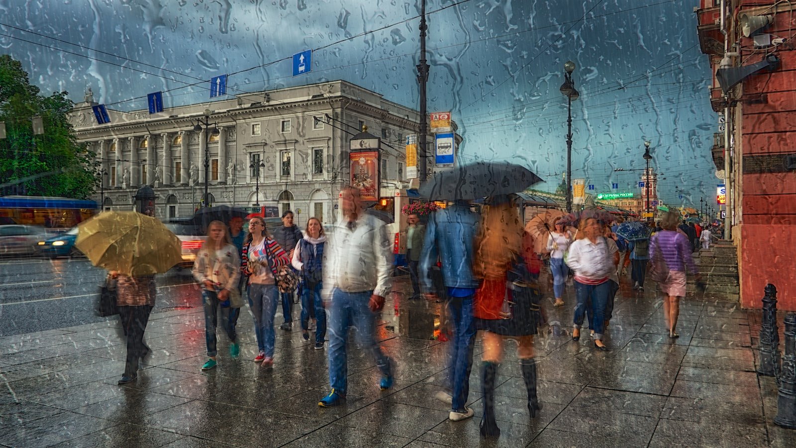 Russia, Sankt–Petersburg, Nevsky, bright, rain, shower, light, summer, glass, raindrop, boulevard, city, cityscape, outdoor, avenue, colorful, sky, travel, travel destination, clouds, evening, travel and tourism, tree, view, HDR, long exposure, thunderbol, Эдуард Горобец