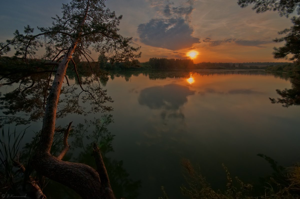 Вечер, Закат, Лес, Лето, Озеро, Владимир Комышев