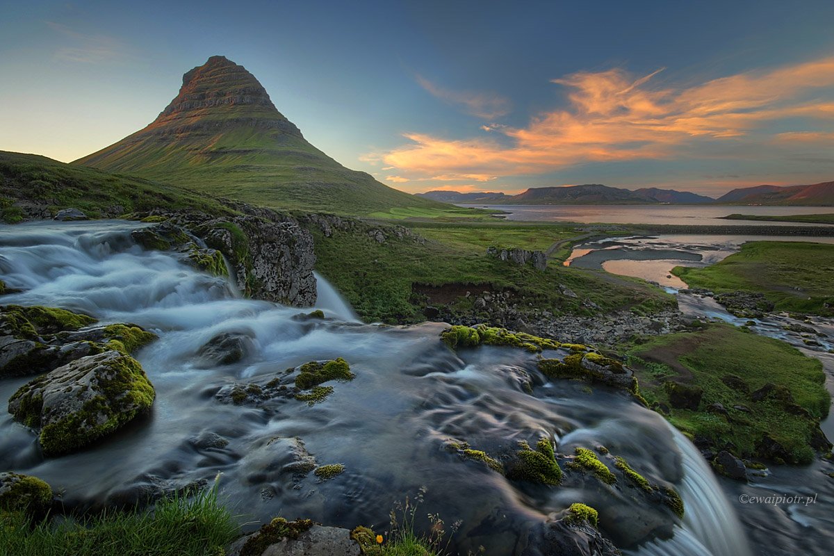 Iceland, Kirkjufell, waterfall, mountain, sunset, Piotr Debek