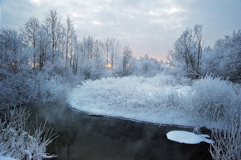 мороз, река, вода, пар, туман, иней, зима, KSergeyV