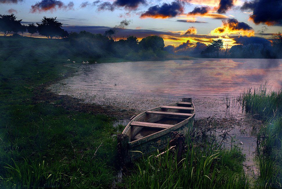 озеро, лодка, закат, tolyan139
