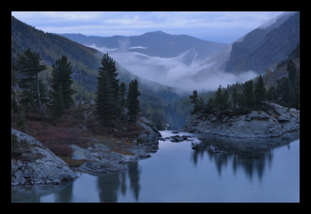 алтай, горы, озеро, деревья, отражение, туман, вечер, Александр Ермолицкий
