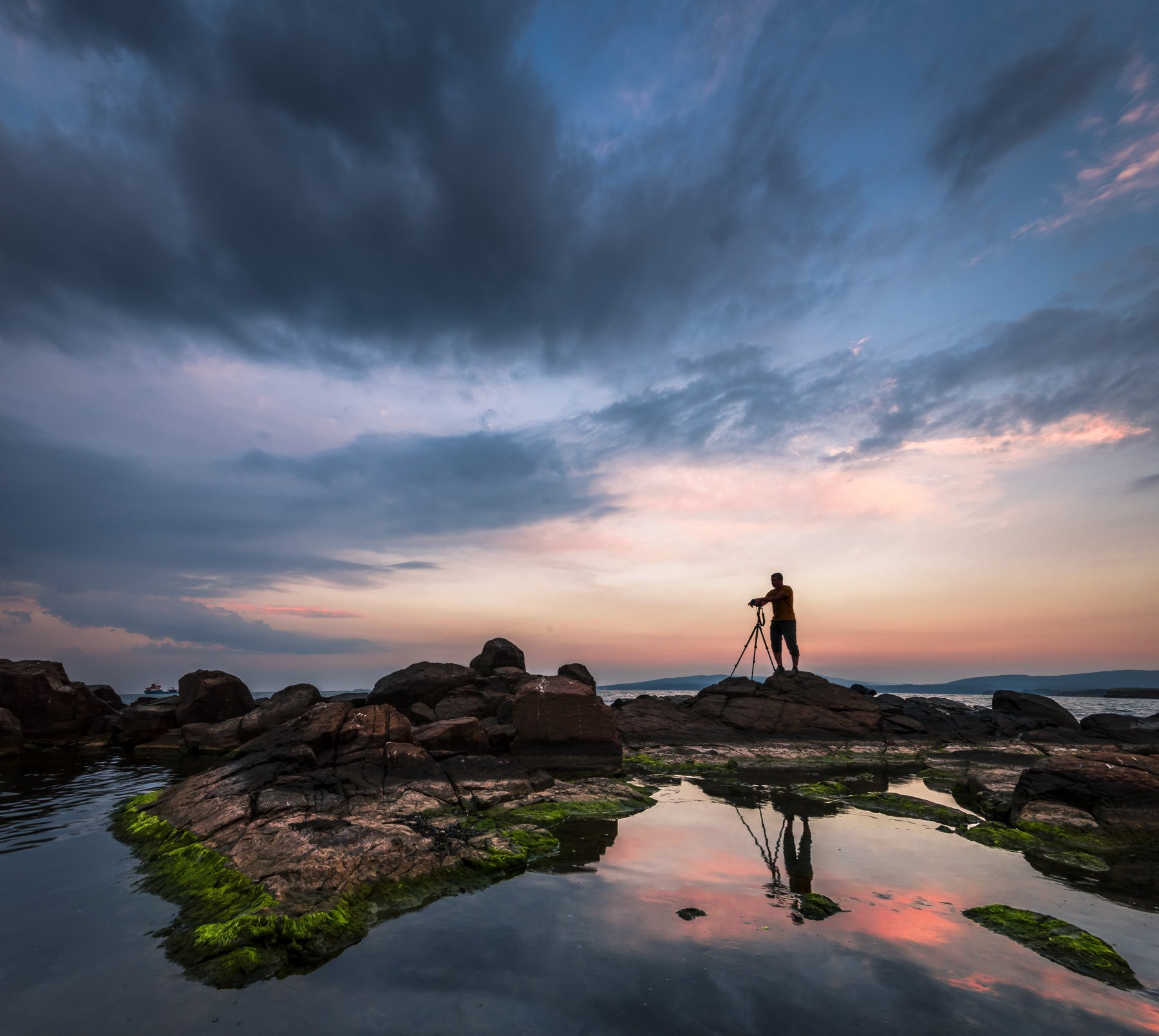 sunset, reflection, sea, seascape, photographer, rocks, landscape, Jeni Madjarova