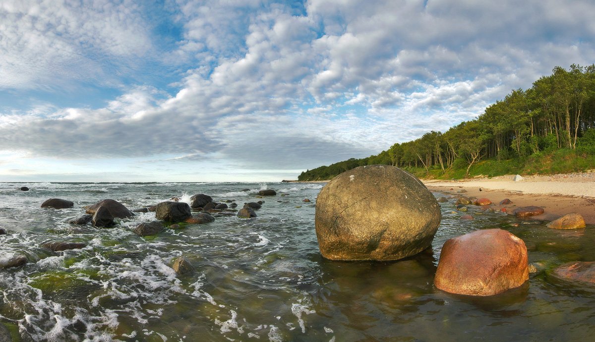 балтийское море, берег, камни, облака, пляж, лес, вечер, Владимир Петрукович