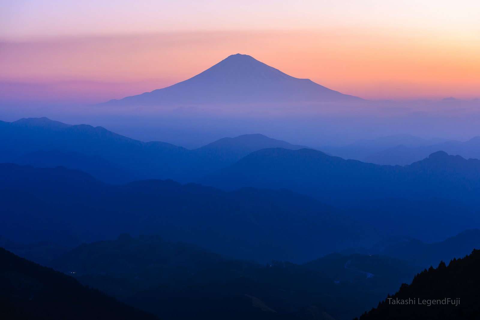 fuji,mountain,sky,haze,pink,morning glow,blue,, Takashi