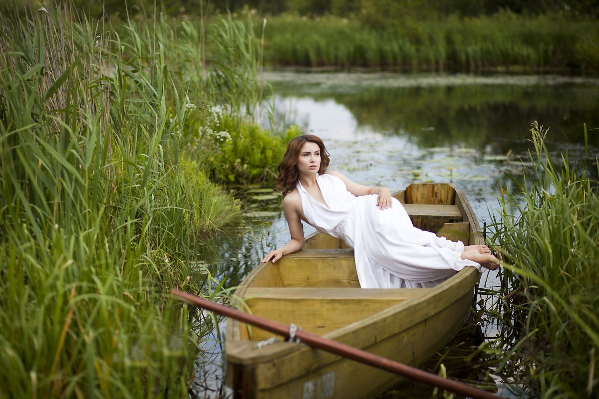 Лодка, девушка, озеро, вода, лето, модель, Ровдо Яна
