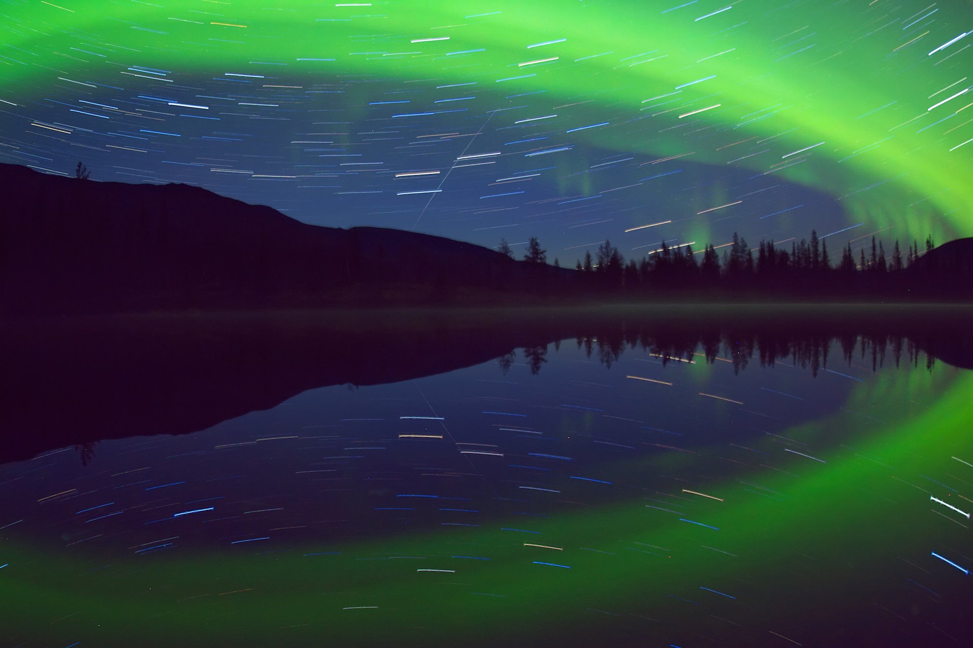 хибины ночь полярное сияние звезды треки отражение полигональные озера, Никифоров Егор