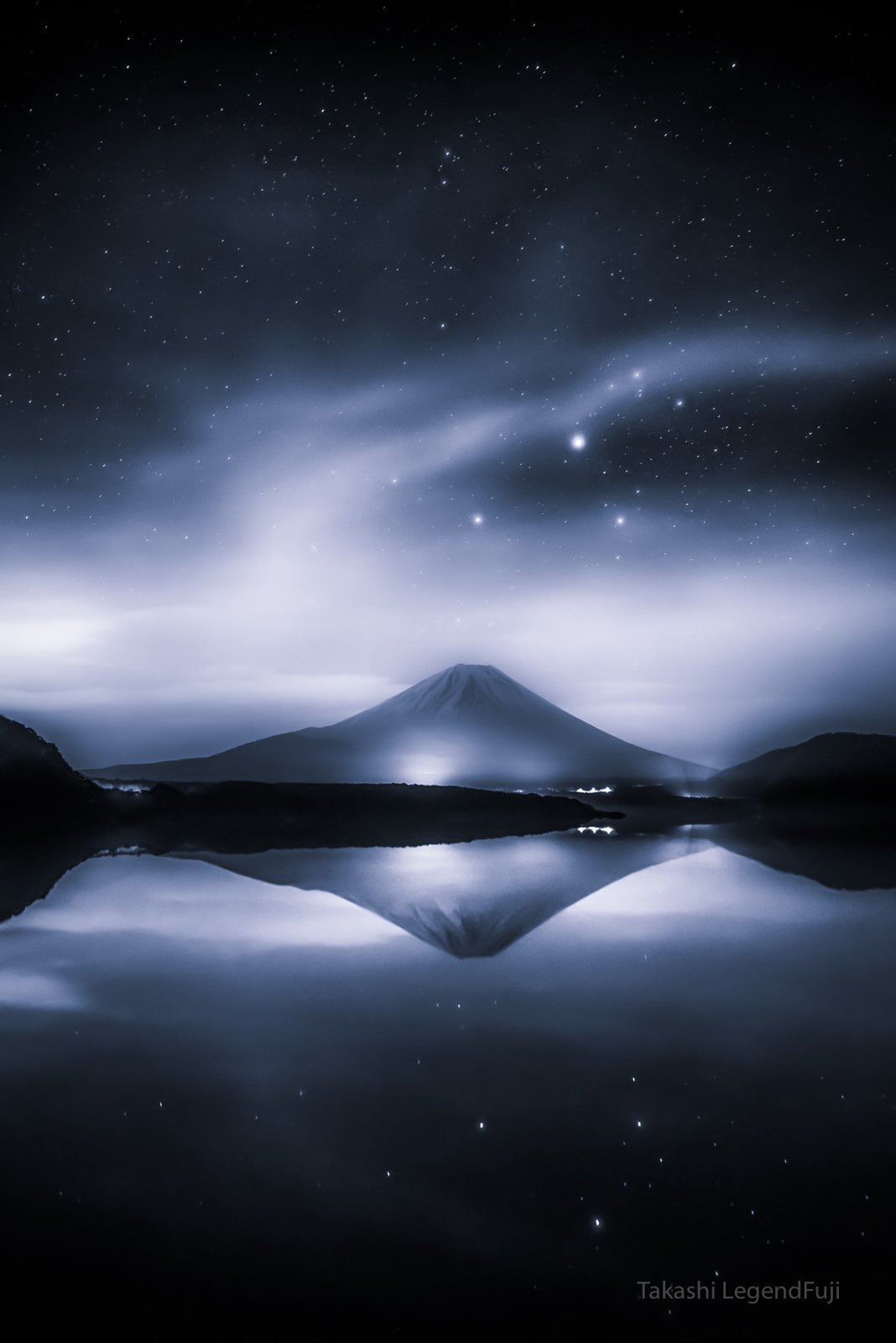 Fuji,mountain,water,lake,cloud,star,night,Japan,landscape,beautiful,amazing,reflection, Takashi