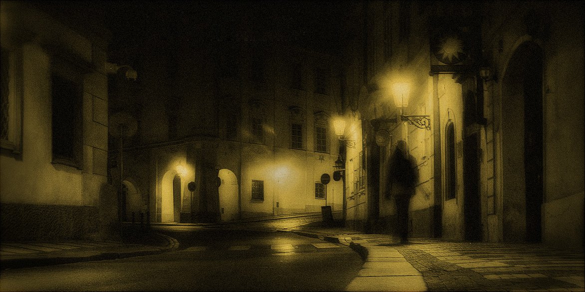 ночь, фонари, улица, город, дома, прохожий, прага, Oleg Dmitriev