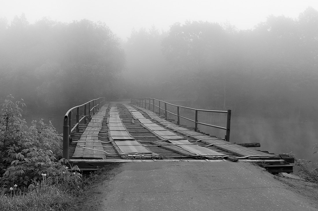 мост, река, утро, туман, лес, Владимир Костылев