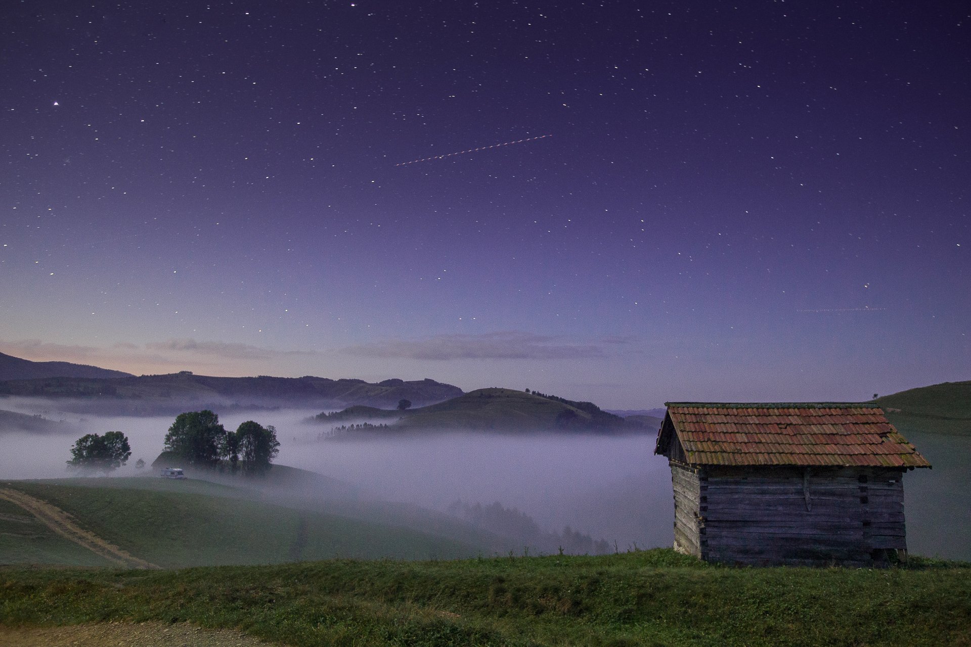 night,stars,mist,colors,fog,nature,house, Marius Turc