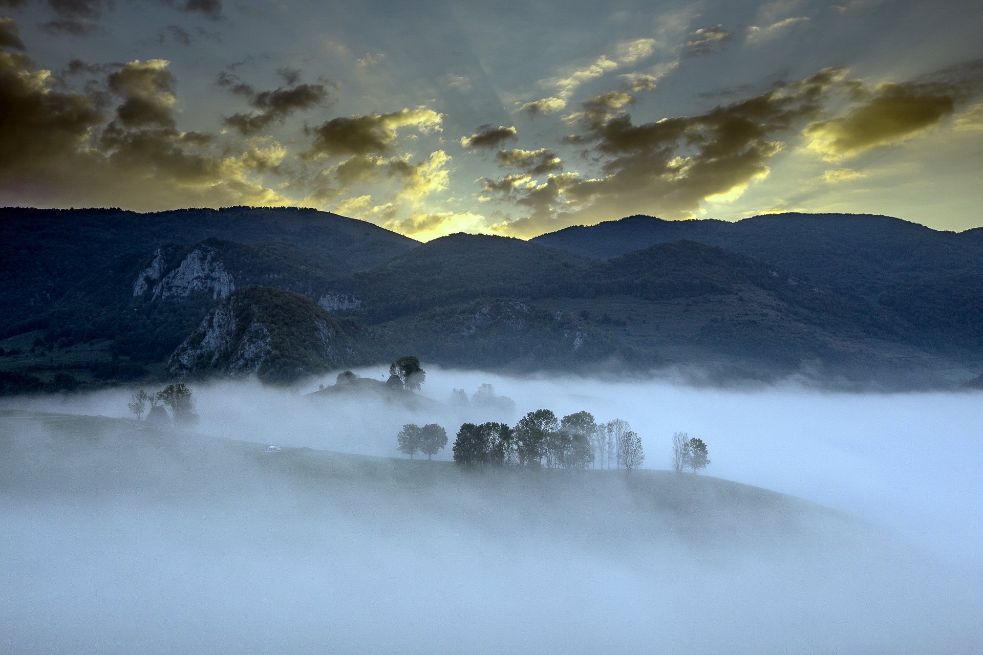 sunset,colors,mist,trees,fog,hills, Marius Turc