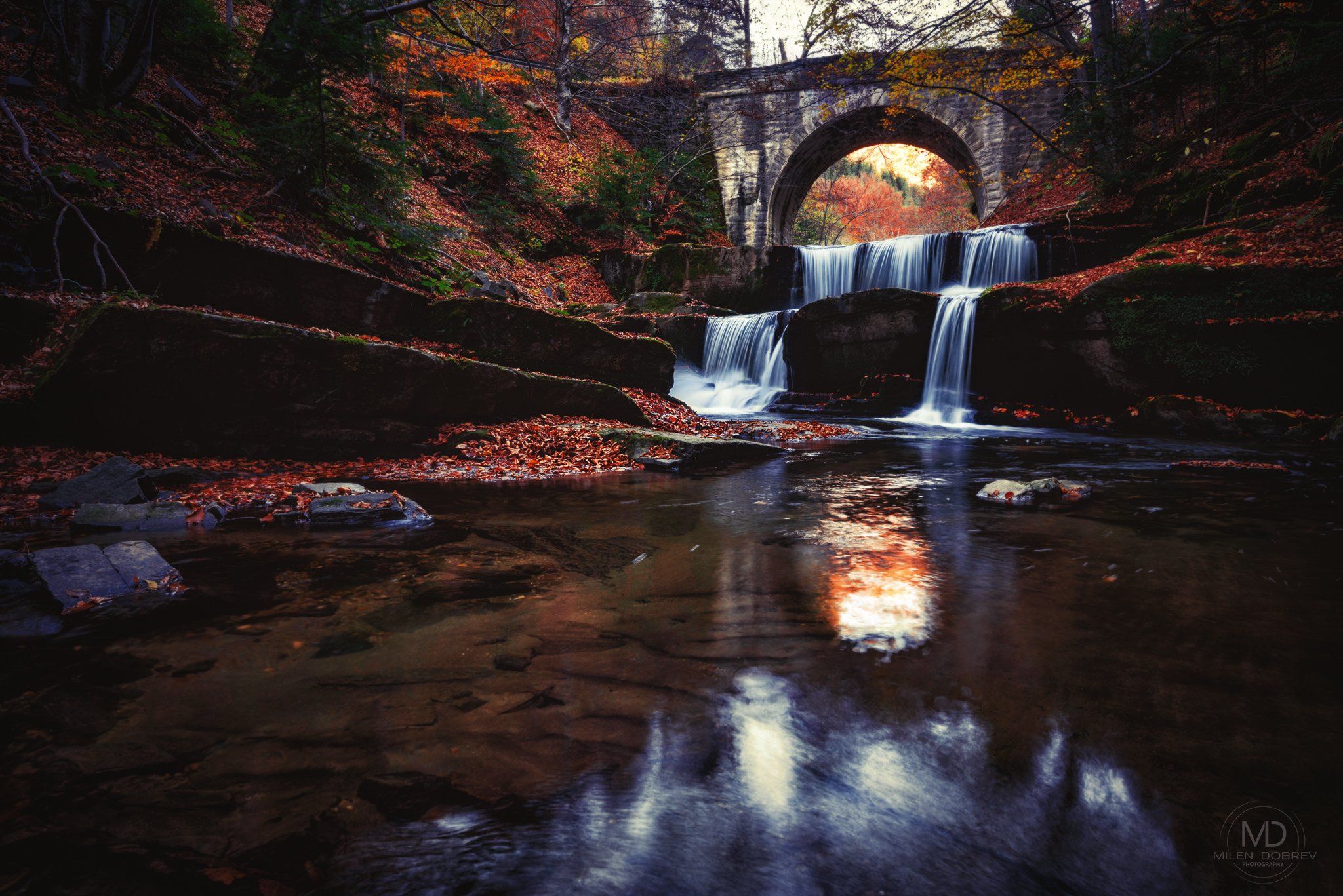 Autumn, bridge, waterfall, Милен Добрев