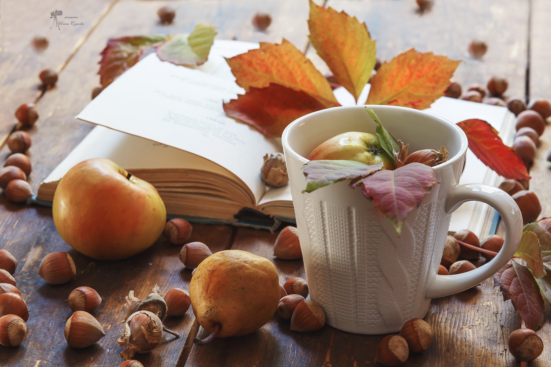 осень,фрукты,листья,орехи,книга,чашка,натюрморт,яблоки,груши, Инна Сухова