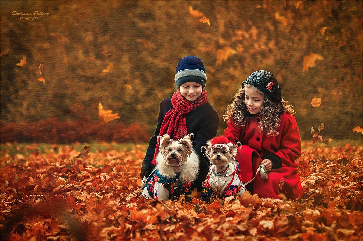 дружба, девочка, мальчик, собачки, осень, красное пальто, любовь, радость , Семенова Татьяна