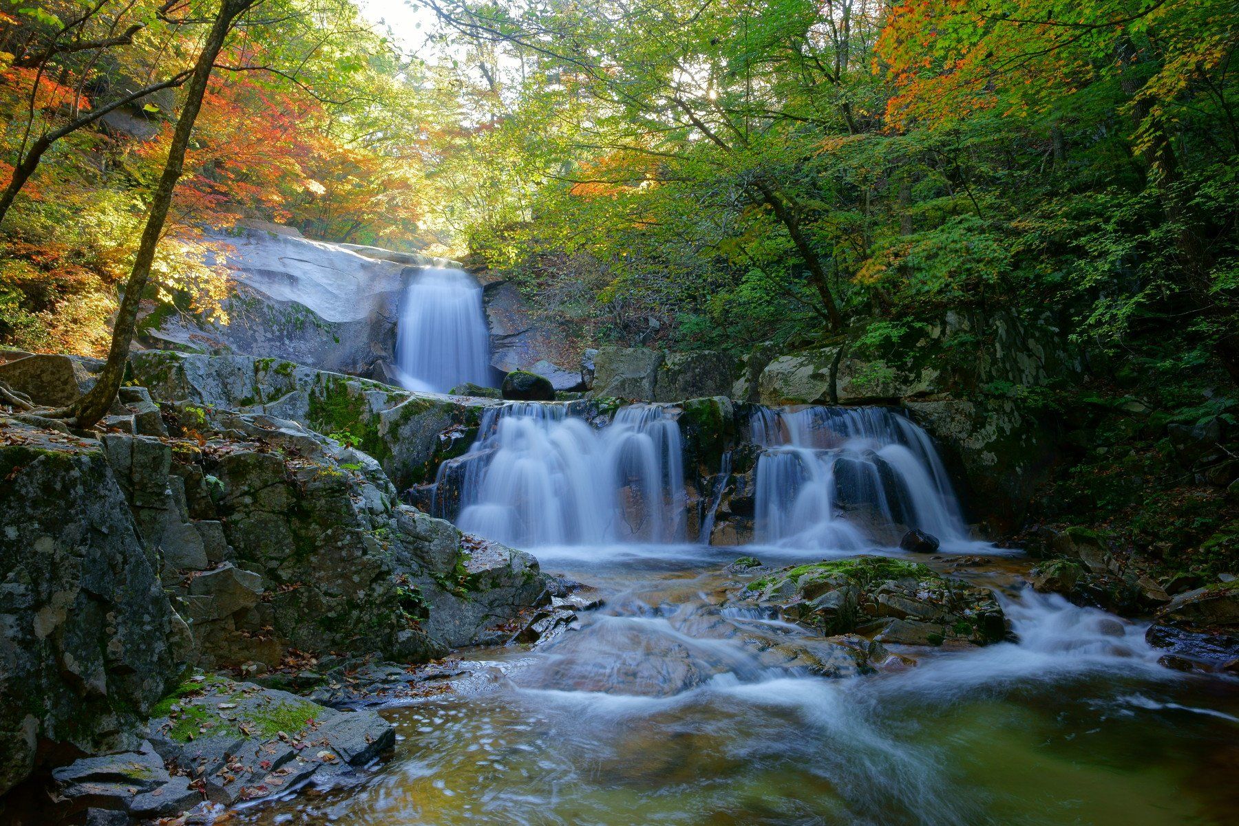 asia,korea,south korea,autumn,waterfall,morning,sunlight,mountain,rocky,stream,trees,, Shin