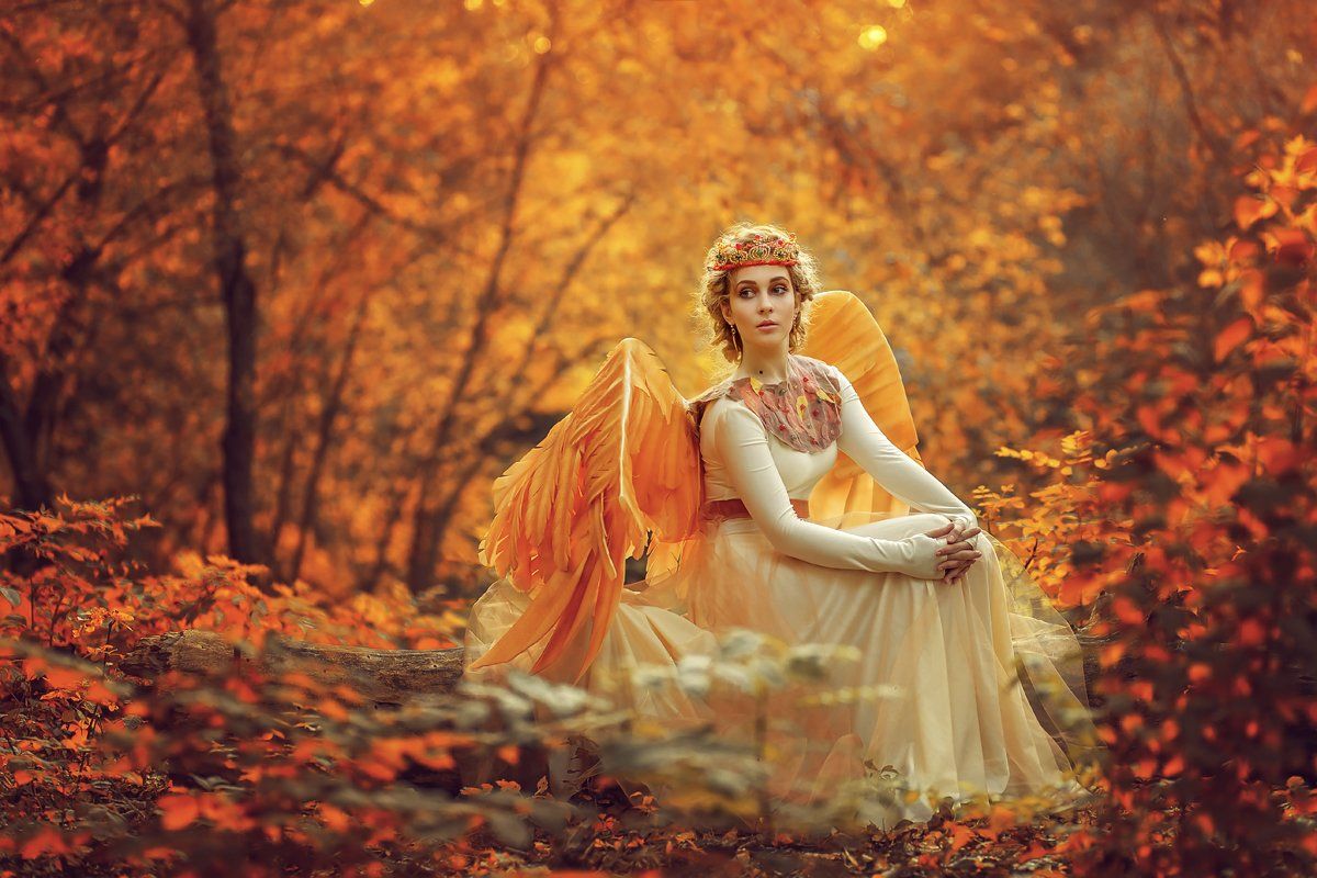 ангел, осень, девушка, лес, листья, багряный, корона, арт, сказка, корона, настроение, фантазийный, красота, крылья, Марина Кондратова