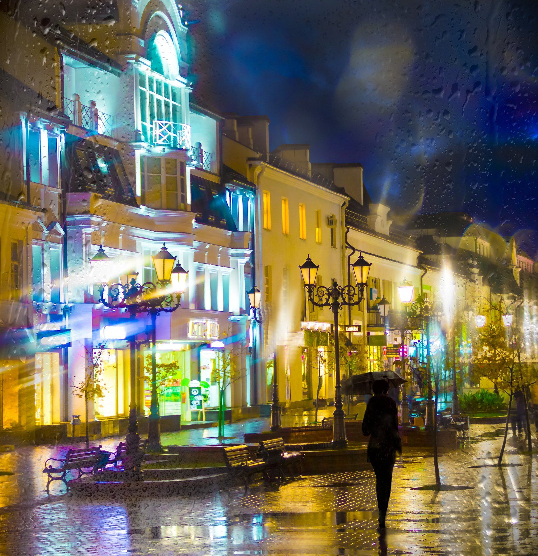 город, ночь, дождь, зонт, огни,, Фото Брест