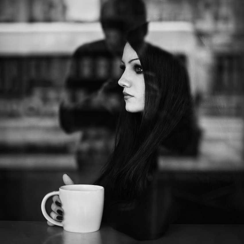 cafe, coffee, girl, bw, street, self, mood, Боби Костадинов