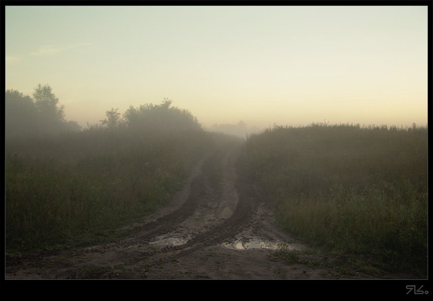 дорога, туман, утро, деревня,, Константин Янситов