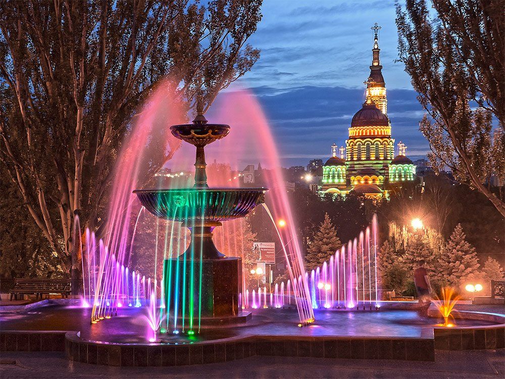 фонтан, собор, свет, вечер, Владимир Костылев