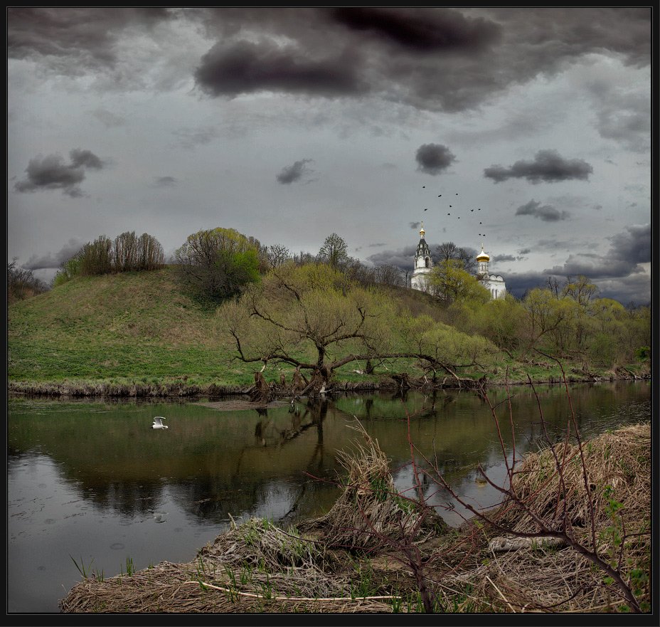 пейзаж, река, храм, птицы, дождь, Александр Авилов
