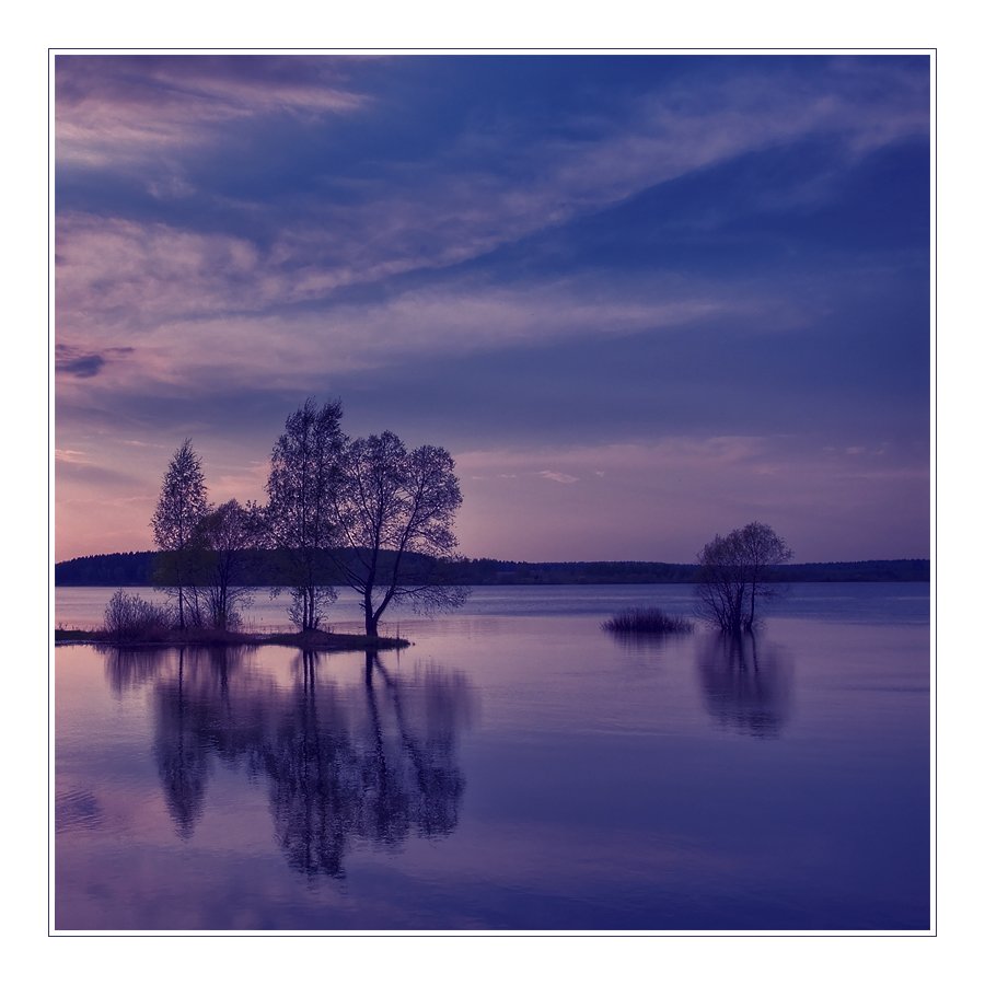 озеро, вечер, закат, отражения, острова, пейзаж, деревья, лодка, Oleg Dmitriev