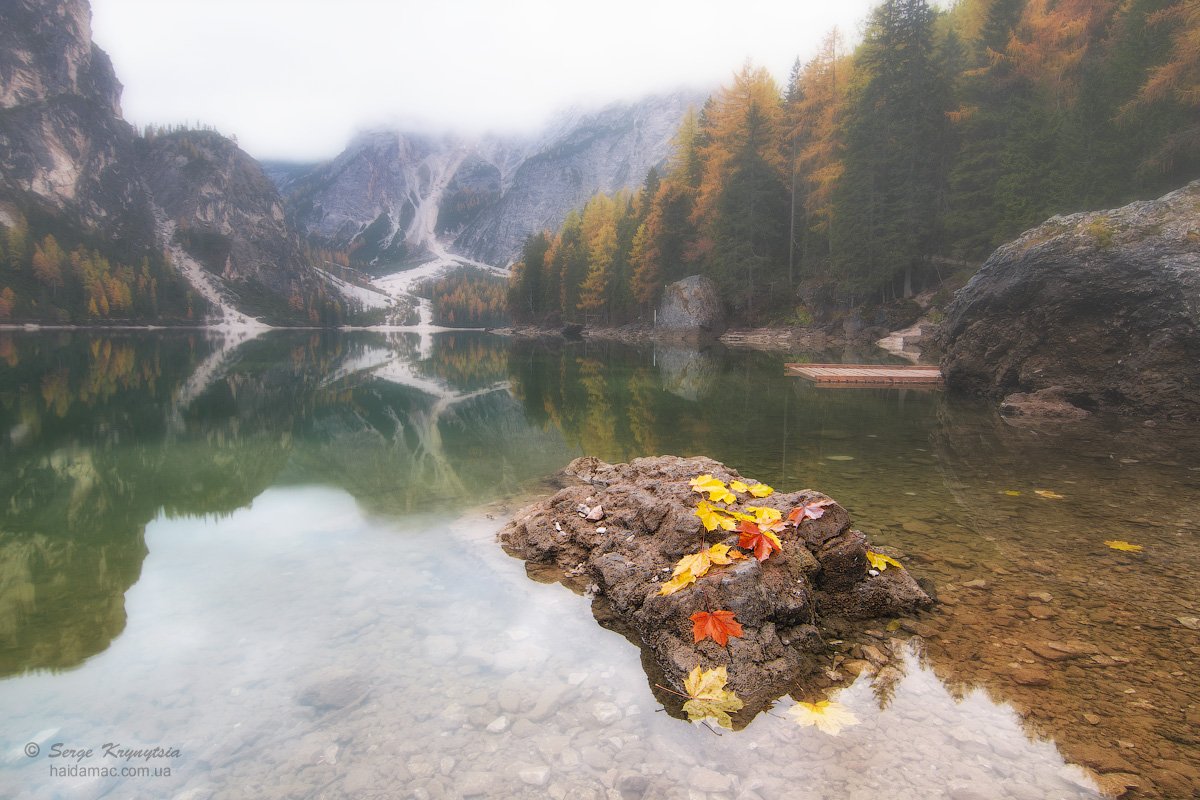 autumn, dolomiti, lake, reflection, water, leaves, yellow, red, stone, Haidamac