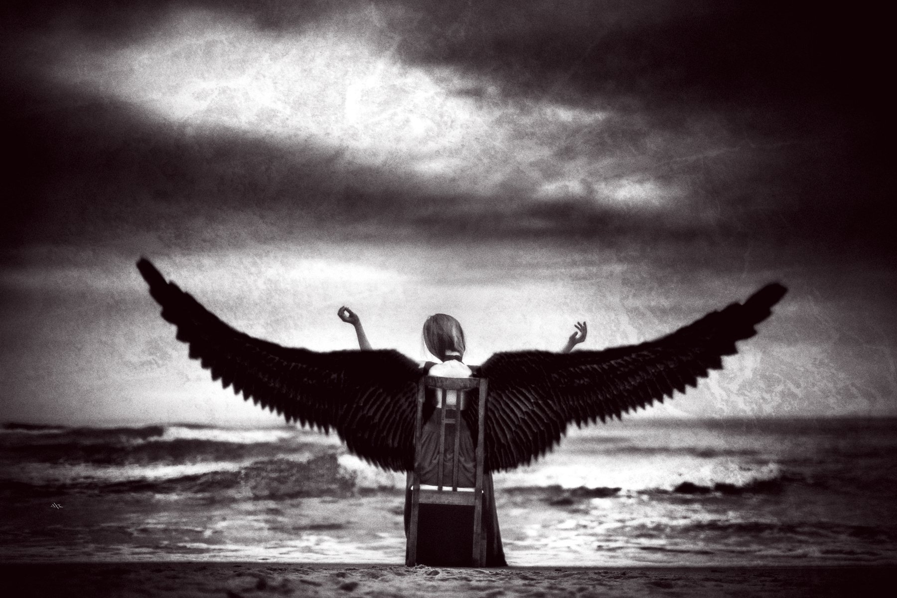 woman, sea, wings, dark, mood, Руслан Болгов (Axe)