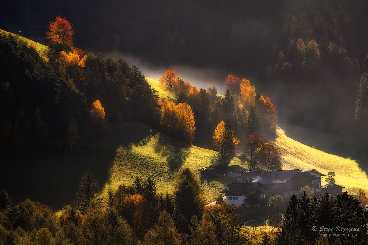 dolomiti, autumn, light, red, yellow, sunlit, mountains, Haidamac