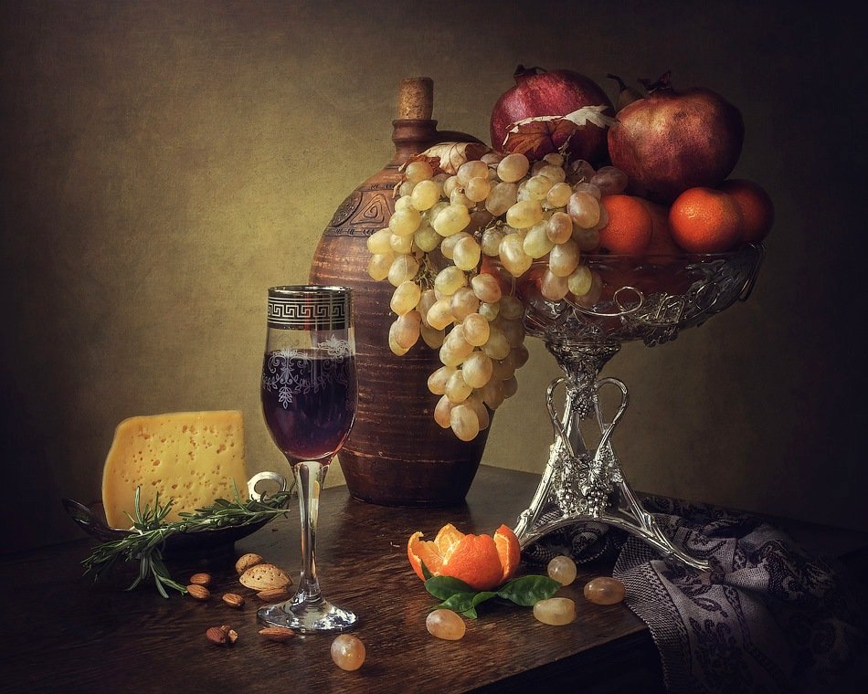 натюрморт, бокал вина, сыр, розмарин, ваза, фрукты, кувшин, Ирина Приходько