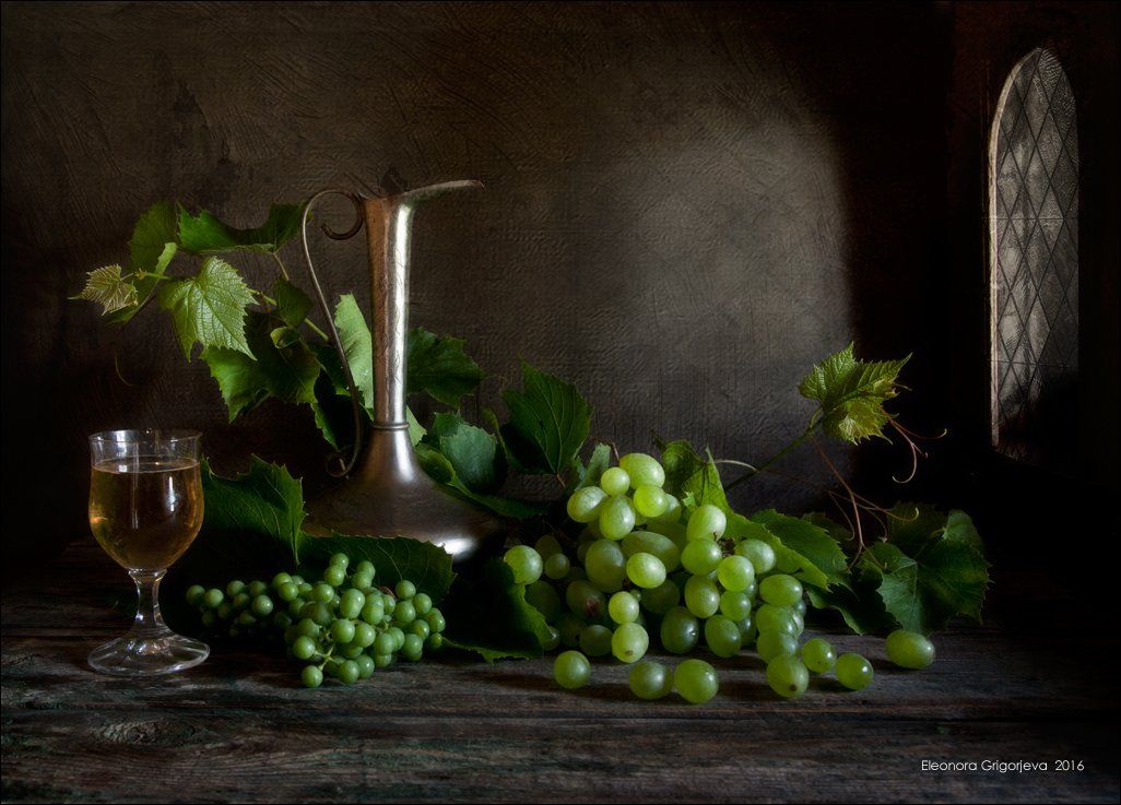 натюрморт, вино, виноград, зелёный виноград, кувшин, бокал, Eleonora Grigorjeva