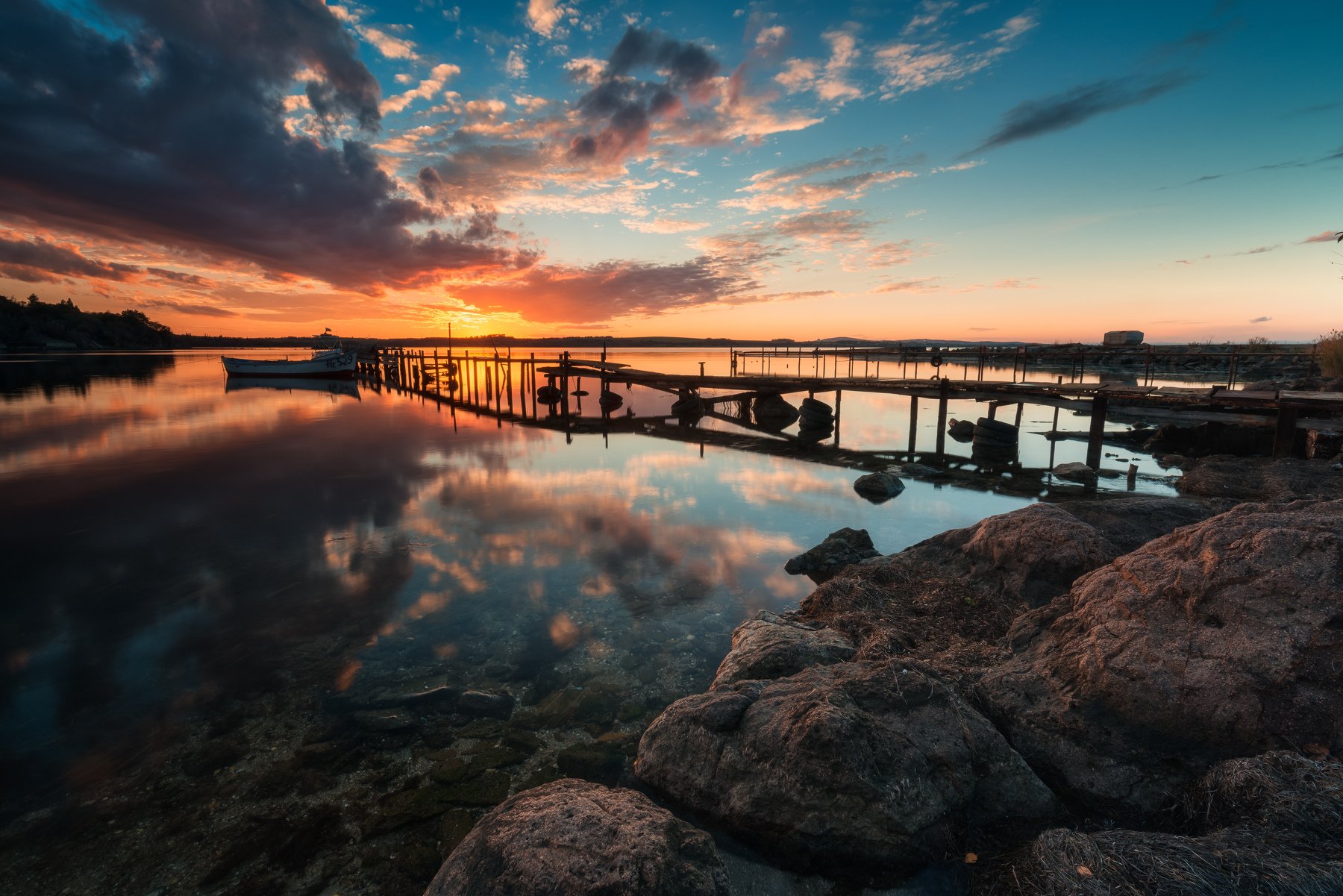 sun, sunset, sea, sky, water, reflection, boat, pier, shore, rocks, clouds, colors, travel, nature, golden hour,, Иван Димов