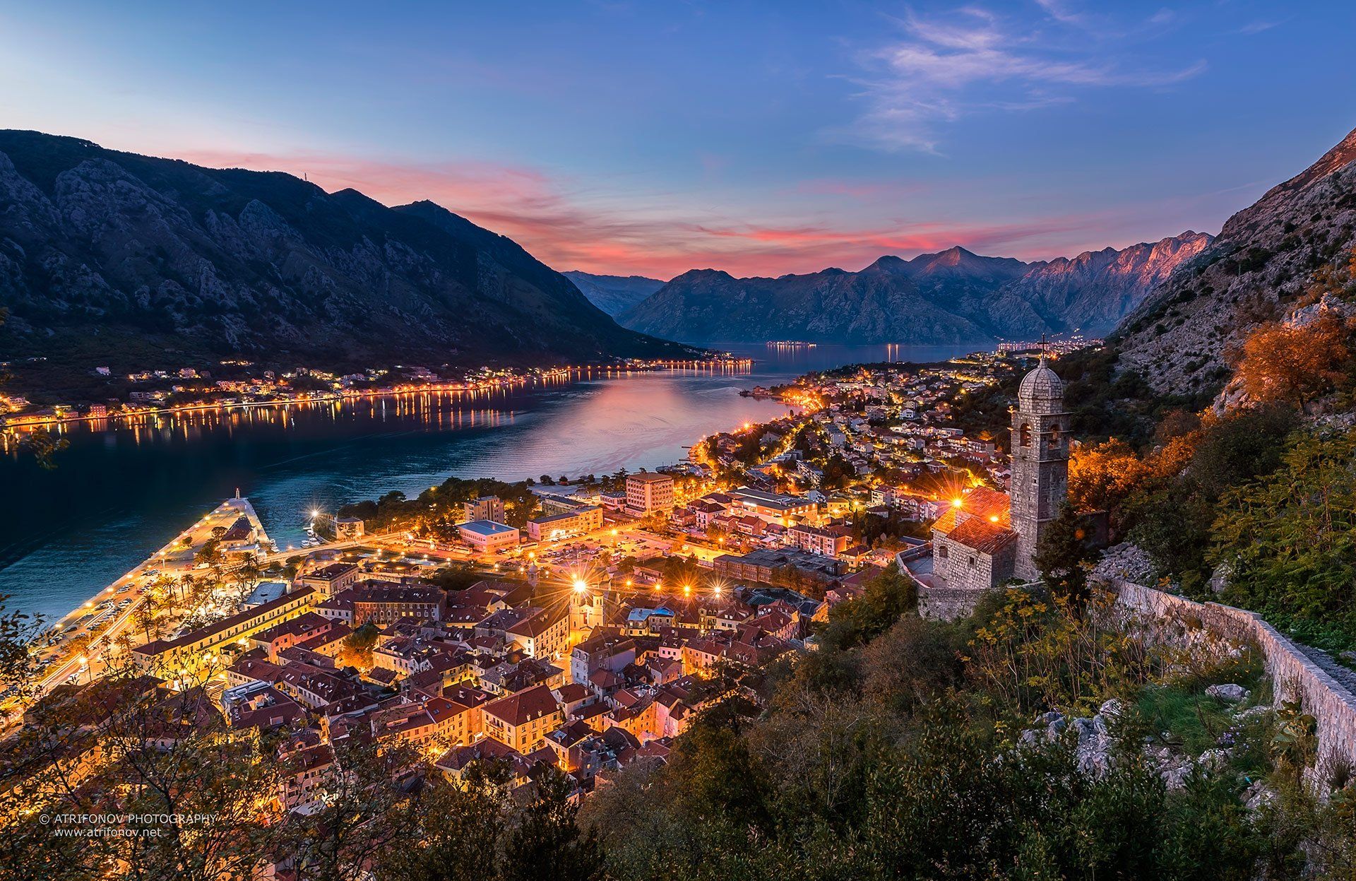 Kotor, Montenegro, Kotor bay, town, adriatic sea, lights, night, sunset, church, fortress, ancient, mountain, Andrey Trifonov