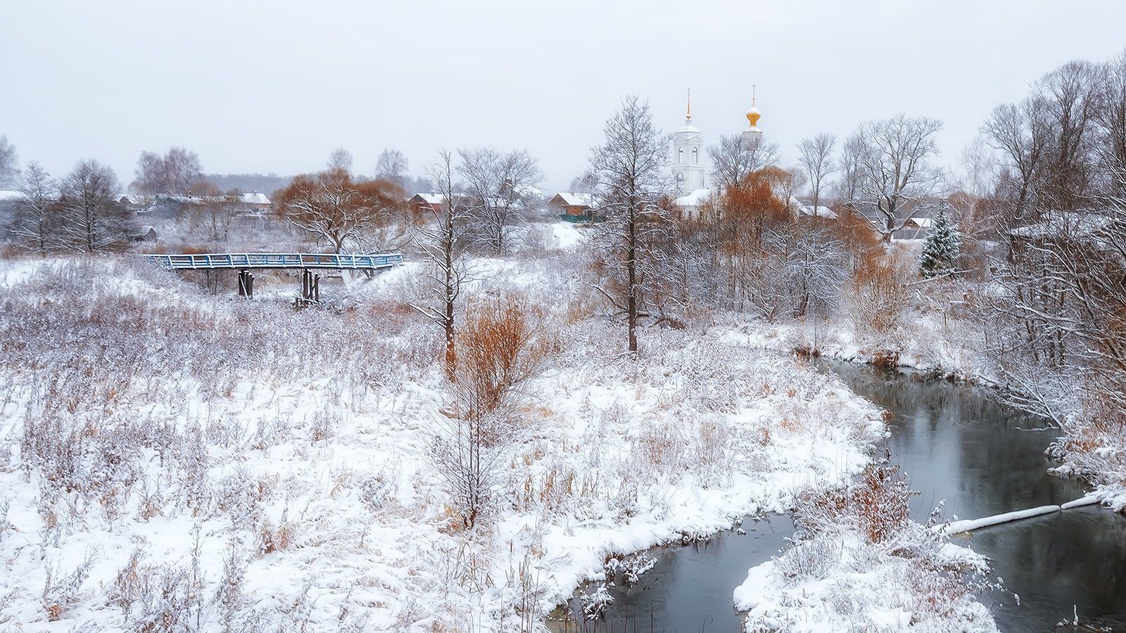 ноябрь, снег, осень, река, церковь, мост, Олег Белый