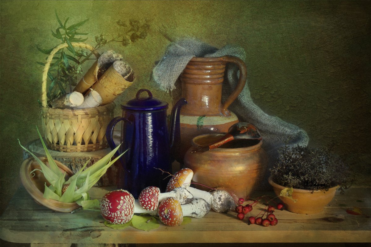 натюрморт  ,в.павлухина , грибы , глиняная посуда,, Вера Павлухина