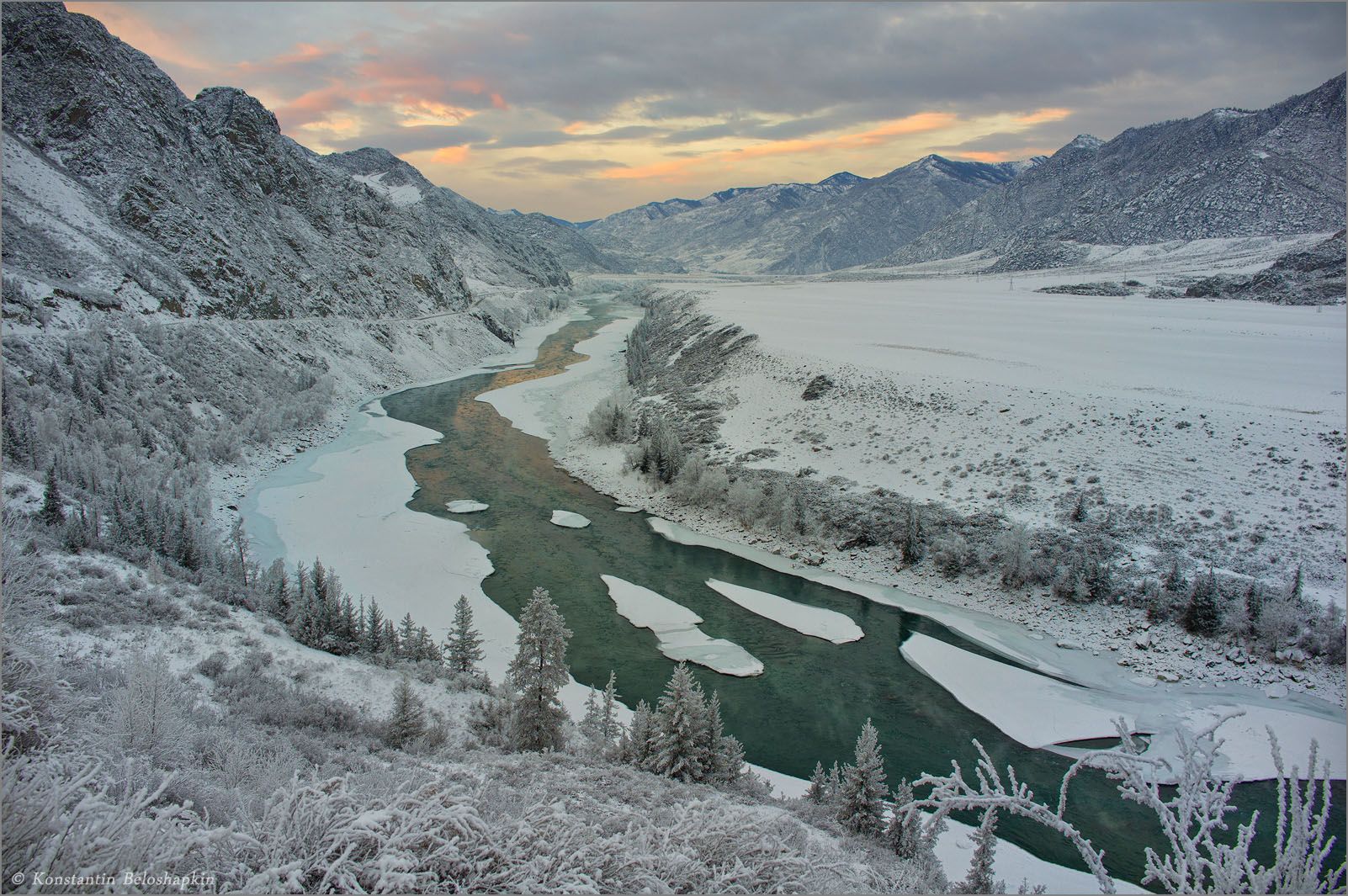 алтай, катунь, зима, закат, Константин Белошапкин