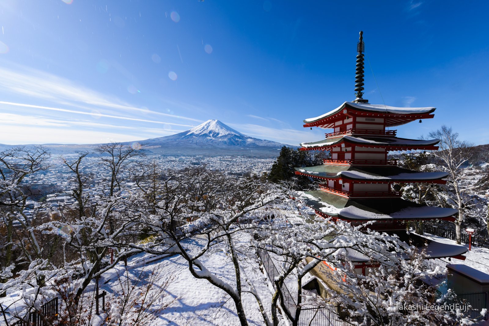 Fuji,Japan,mountain,snow,pagoda,tree,sky,blue,white,, Takashi