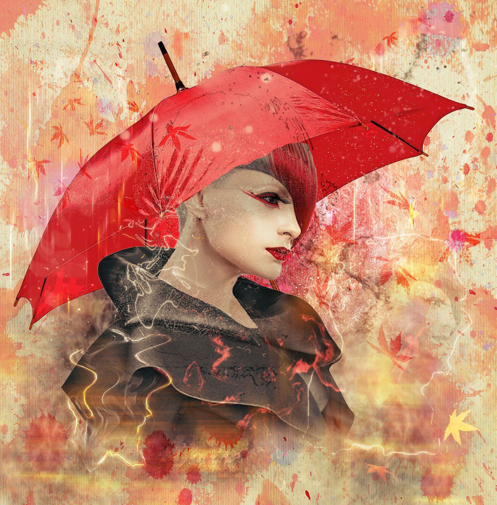 красный зонт, девушка в профиль,осенние листья, Nataliorion