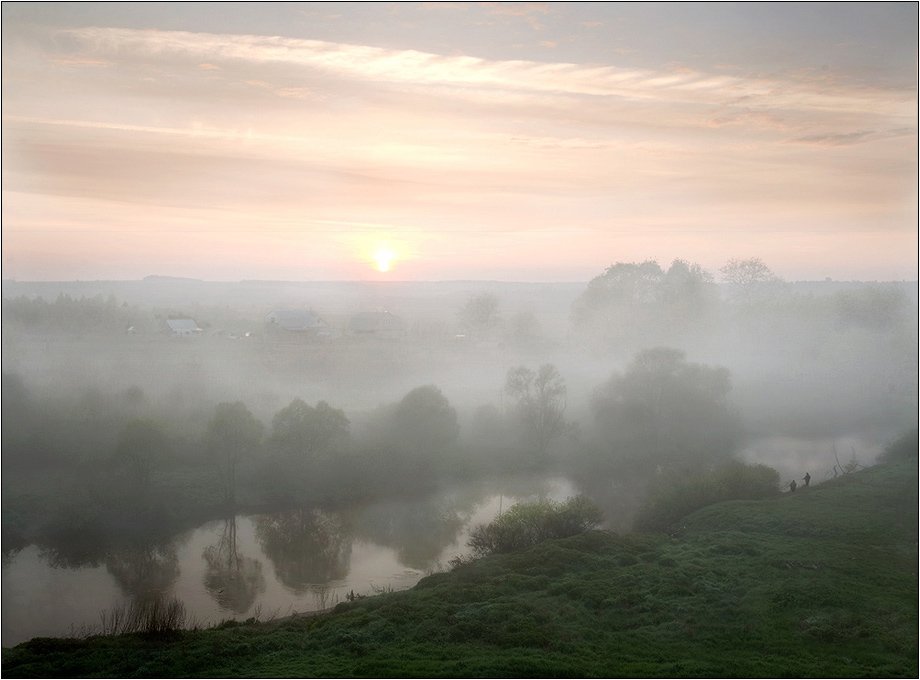 утро, рыбаки, река, туман, деревня, берег, Boris Bort