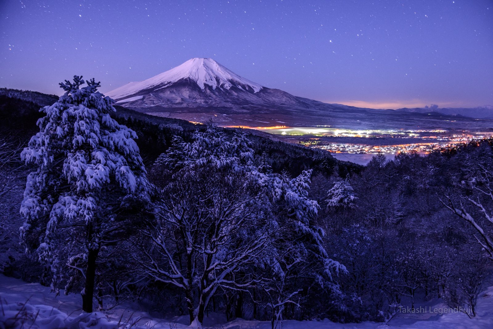 Fuji,mountain,Japan,night,snow,winter,beautiful,amazing,star,blue,moonlight,cloud, Takashi