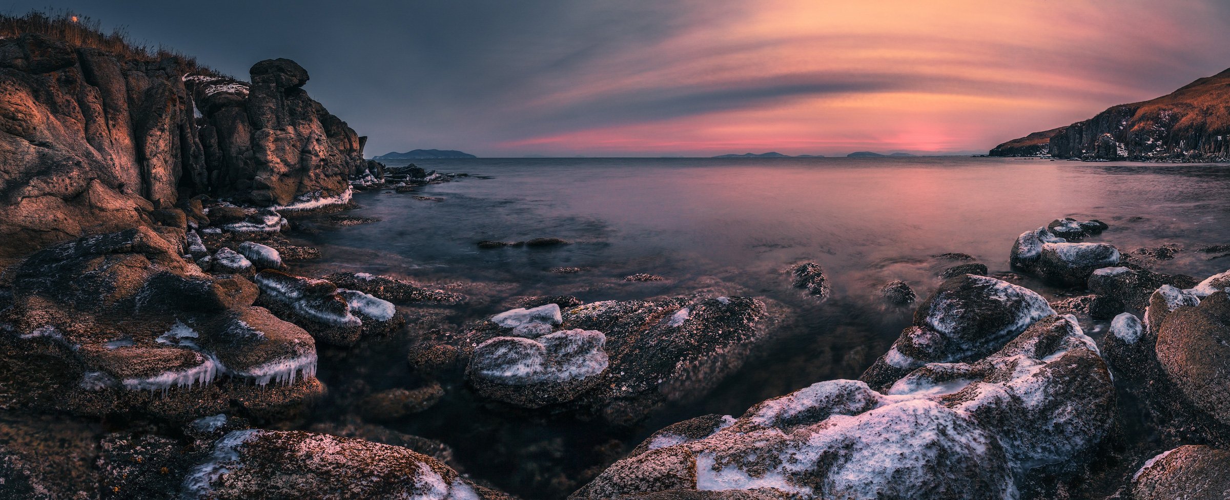 панорама. море, скалы, зима, лёд, Андрей Кровлин