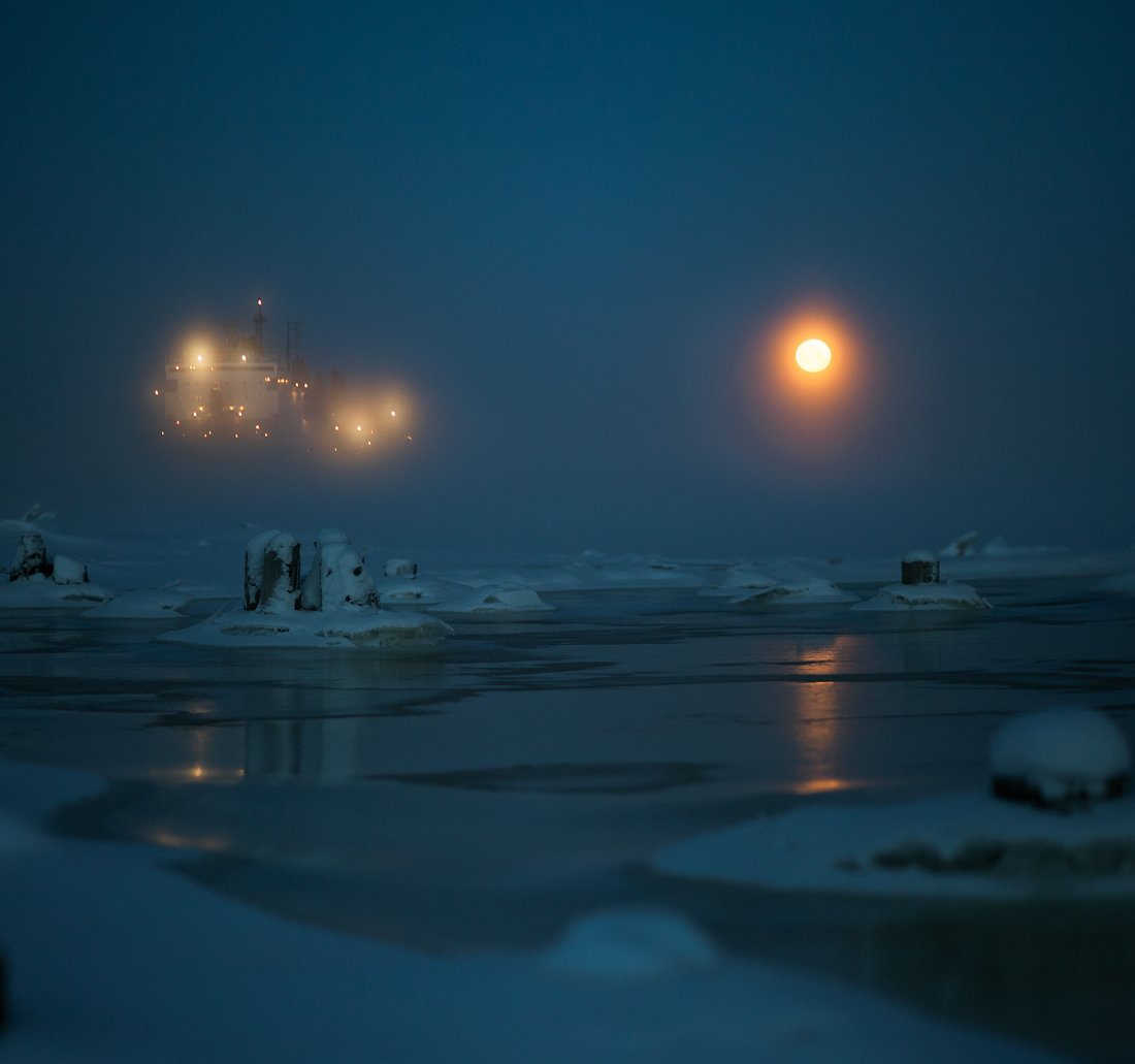 луна, зима, холод, утро, туман, архангельск, северная двина., Иван Митюшев