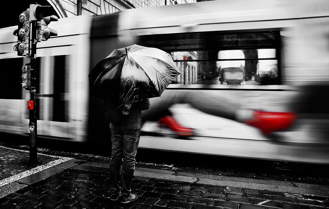 трамвай, дождь, зонт, прага, светофор, красный свет, ALLA SOKOLOVA