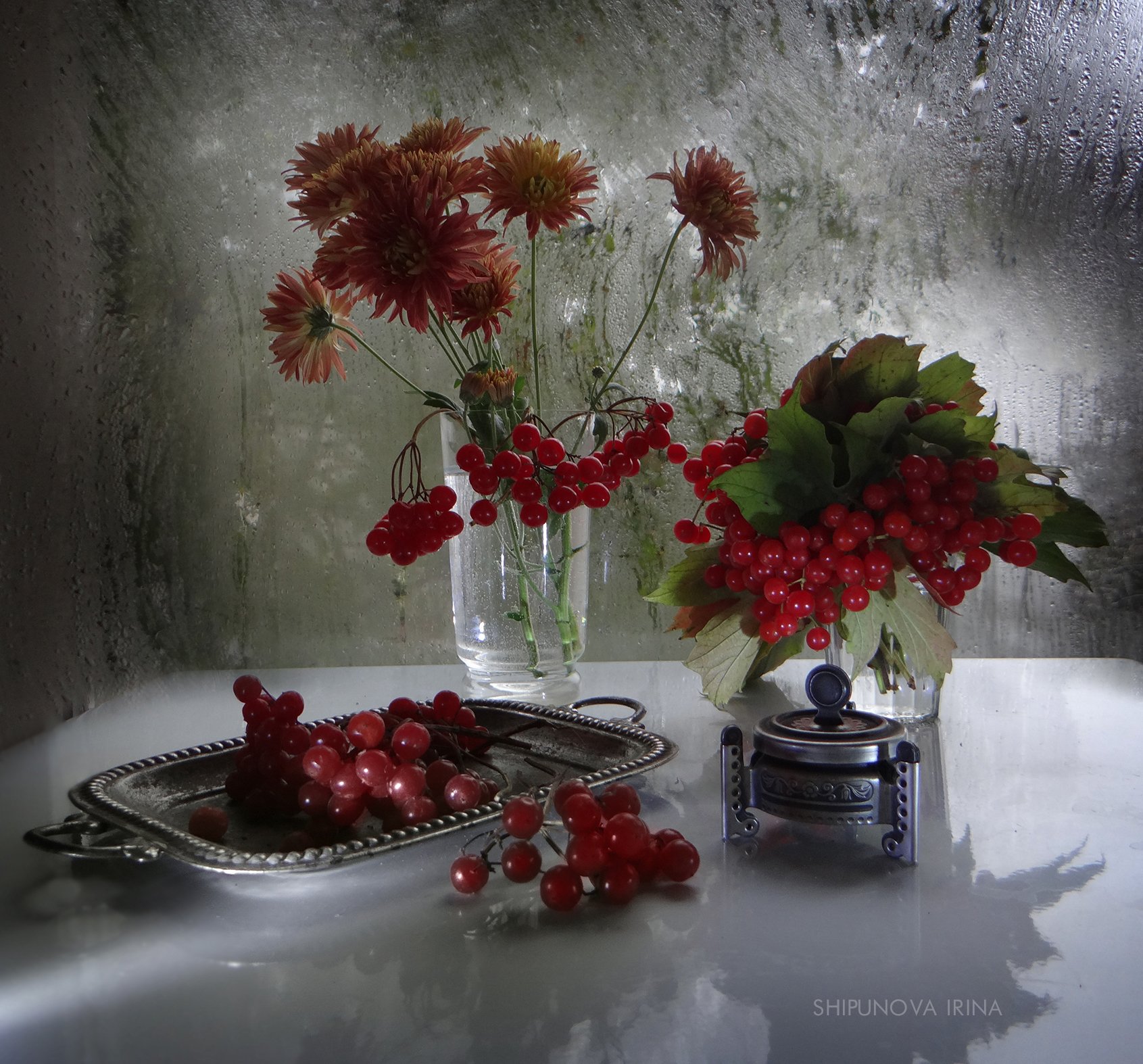 осенние, цветы, калина, поднос, окно, дождь, Шипунова Ирина