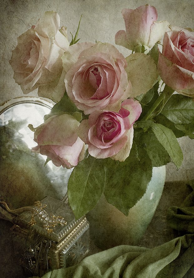 розы, букет, розовые, шкатулка, украшения, зеркало, ретро, Игорь Токарев