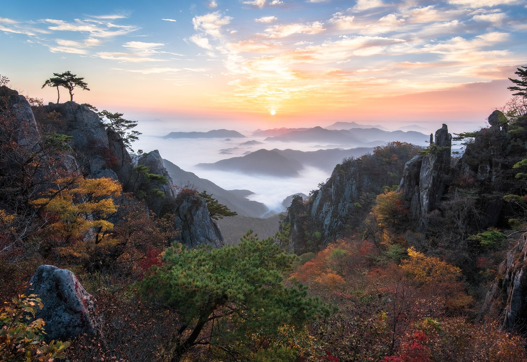 rock formations, mountain, fall, morning, Jaeyoun Ryu