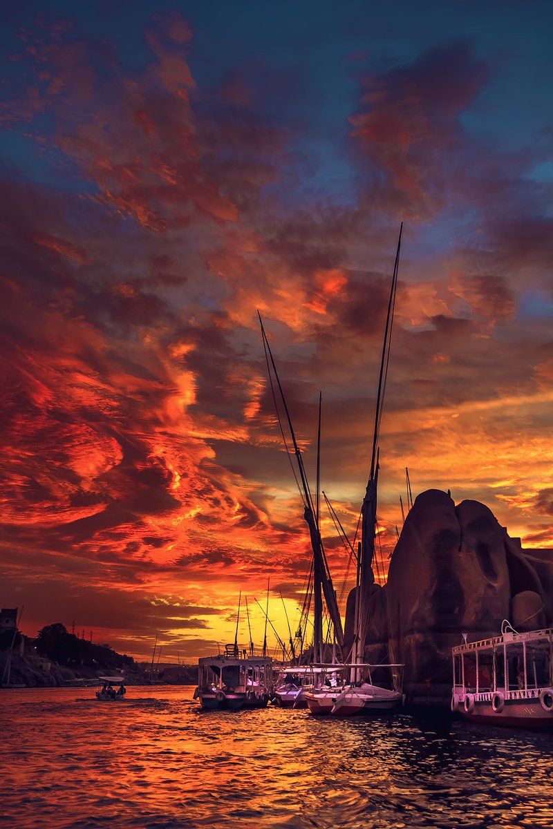 aswan, egypt, sunset, colors, boats, clouds, Руслан Болгов (Axe)